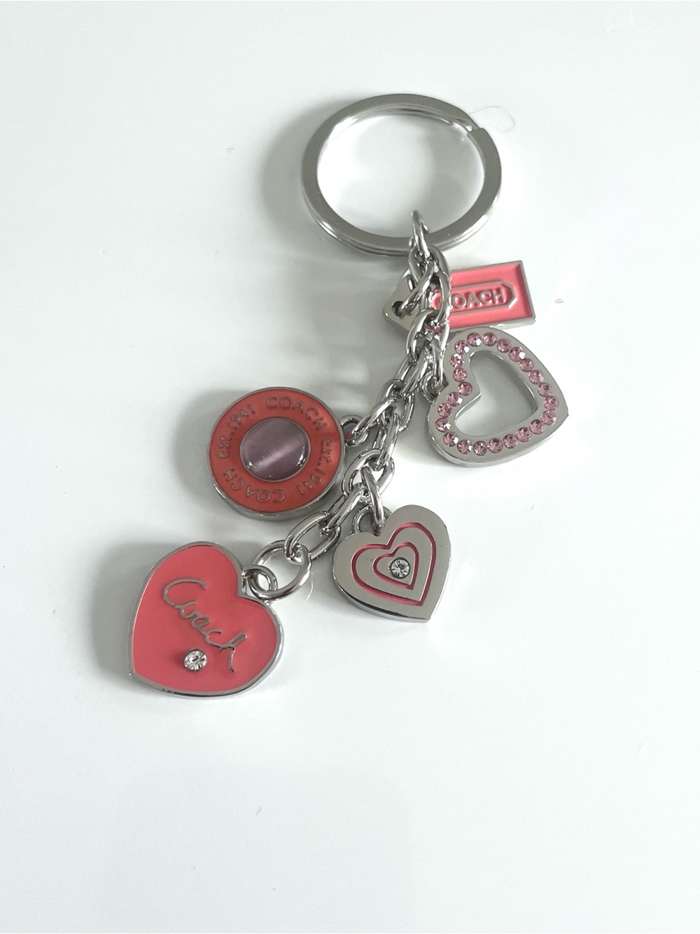 Coach Pink Heart Charm Keyring with Rhinestones